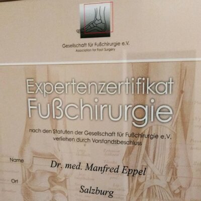 Zertifikat Fußchirurgie Orthoäde Dr. Eppel